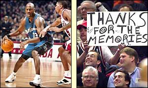 Michael Jordan plays his last match in Chicago for the Washington Wizards as fans show their sadness at the retirement of a legend