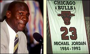 Jordan retires for a second time in 1999 after which his Chicago Bulls jersey is raised in his honour
