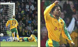 Norwich's Zema Abbey scores and celebrates the winner in the FA Cup