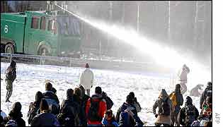 Police water cannon in action in Landquart