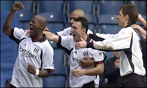 Fulham players celebrate Steed Malbranque's first goal