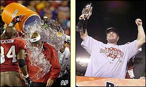 Tampa's coach Jon Gruden gets a soaking while Brad Johnson holds the trophy aloft