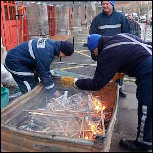 The picket line is reconstructed by the Fire Brigades Union outside the Central Fire Station in Birmingham 