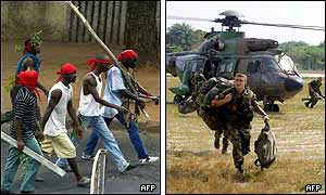 Protesters armed with clubs and French soldiers landing in their Abidjan compound 