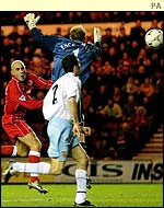 Middlesbrough striker Massimo Maccarone heads home sixth Premiership goal of season