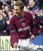 Gary Wales celebrates after putting Hearts two goals ahead