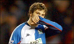 Blackburn's Corrado Grabbi rues a missed penalty kick