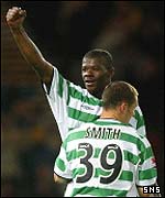Bobo Balde celebrates his goalscoring feats