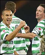 Henrik Larsson celebrates his goal