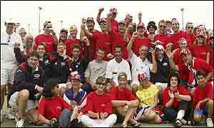 Miles Maclagan, Arvind Palmer, coach Roger Taylor, Alex Bogdanovis and Alan Mackin and the travelling support