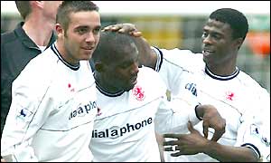 Geremi takes the congratulations after scoring the opening goal for Middlesbrough