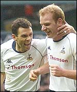 Celebration time for Spurs goalscorers Gustavo Poyet and Gary Doherty