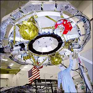 The round device will carry the rover into space, mounted inside a 12-sided support frame