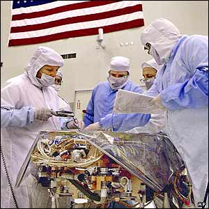 NASA scientists and engineers work on a portion of a scientific instrument assembly 