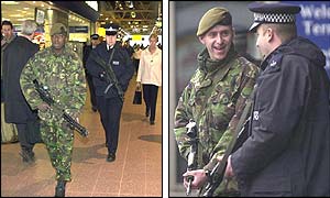 A total of 450 troops joined 1,000 extra police officers on duty at Heathrow on Tuesday