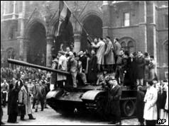 Hungarians 'freedom fighters' take over a Soviet tank in October 1956