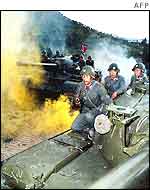 Undated handout photo acquired in Pyongyang 13 February 2003 shows the North Korean army during a military exercise