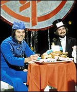 Tony Blackburn with Noel Edmonds on Top of the Pops