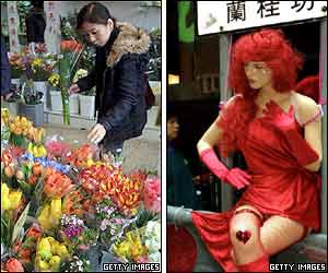 (Left picture) A woman picks flowers at a shop in Hong Kong, and (right picture) a dummy decorated with a pair of wings.