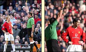 Man Utd's Paul Scholes and Ruud van Nistelrooy are shown yellow cards by referee Jeff Winter within a minute of one another