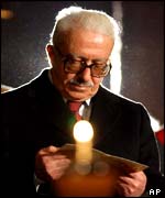 Iraq's Deputy Prime Minister Tariq Aziz at the basilica of Saint Francis of Assisi