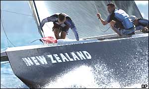 Team New Zealand work on their boat during the second leg of race two