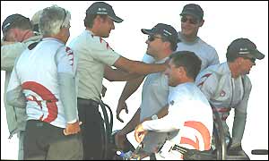 Alinghi celebrate their win in race two