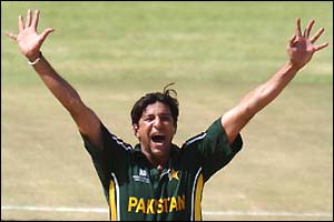 Wasim Akram celebrates another wicket
