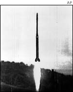 North Korean satellite rocket Paektusan I, is test launched in North Hamgyong Province, in 1998