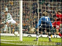 Stilian Petrov scores Celtic's third goal from a tight angle