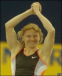Russia's Svetlana Feofanova celebrates a new world indoor record of four metres 77 centimetres in the pole vault 
