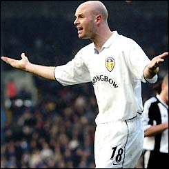 Leeds defender Danny Mills appeals to the referee as his side slip to a 3-0 defeat to Newcastle
