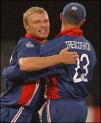 Andrew Flintoff is congratulated by Marcus Trescothick after he dismisses Younis Kahn
