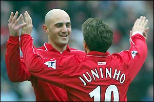 Massimo Maccarone congratulates Middlesbrough goalscorer Juninho