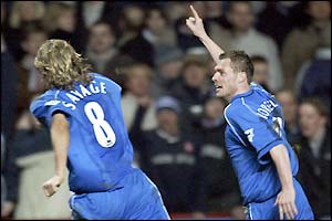 Birmingham's Geoff Horsfield celebrates making it 2-0 with Robbie Savage