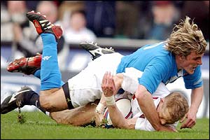 England's Josh Lewsey scores his second try of the match 