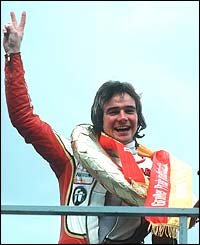 Barry Sheene celebrates winning the German Grand Prix in 1977