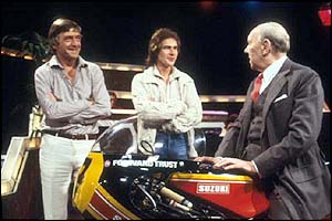 Motorcyclist Barry Sheene appears on the Michael Parkinson chat show with the actor Sir Ralph Richardson 