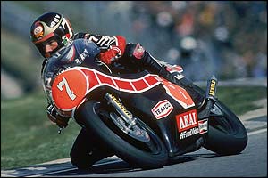 Barry Sheene takes a corner on a Yamaha motorcycle