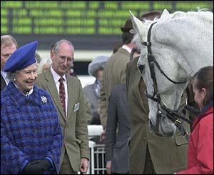 HRH Queen Elizabeth, who is present on Gold Cup day for the first time in over fifty years, meets the legendary Desert Orchid 