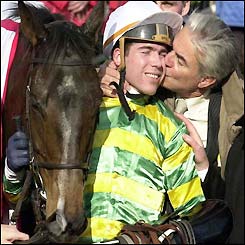 Thierry Doumen wins the second race of the day, the Stayer's Hurdle 