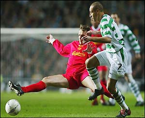 Liverpool's Dietmar Hamann works hard from the off to try and hold off Celtic striker Henrik Larsson