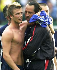 David Beckham consoles a distraught David Seaman after the World Cup defeat to Brazil