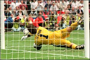 David Seaman saves the decisive penalty against Spain in the Euro 96 quarter-final