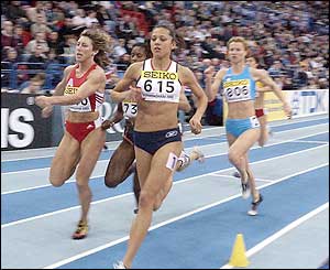 Jo Fenn (centre) finishes third behind Stephanie Graf and Spain's Mayte Martinez in her 800m semi-final 