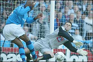 Manchester City striker Nicolas Anelka is denied by Birmingham keeper Ian Bennett