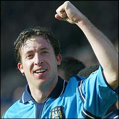 Robbie Fowler celebrates scoring his first goal for Manchester City