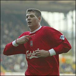 Steven Gerrard celebrates after scoring Liverpool's third goal 