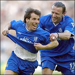 Chelsea's second goalscorer, Gianfranco Zola, is congratulated by their first, Mario Stanic