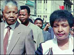 Nelson and Winnie Mandela leave court after the guilty verdict 
